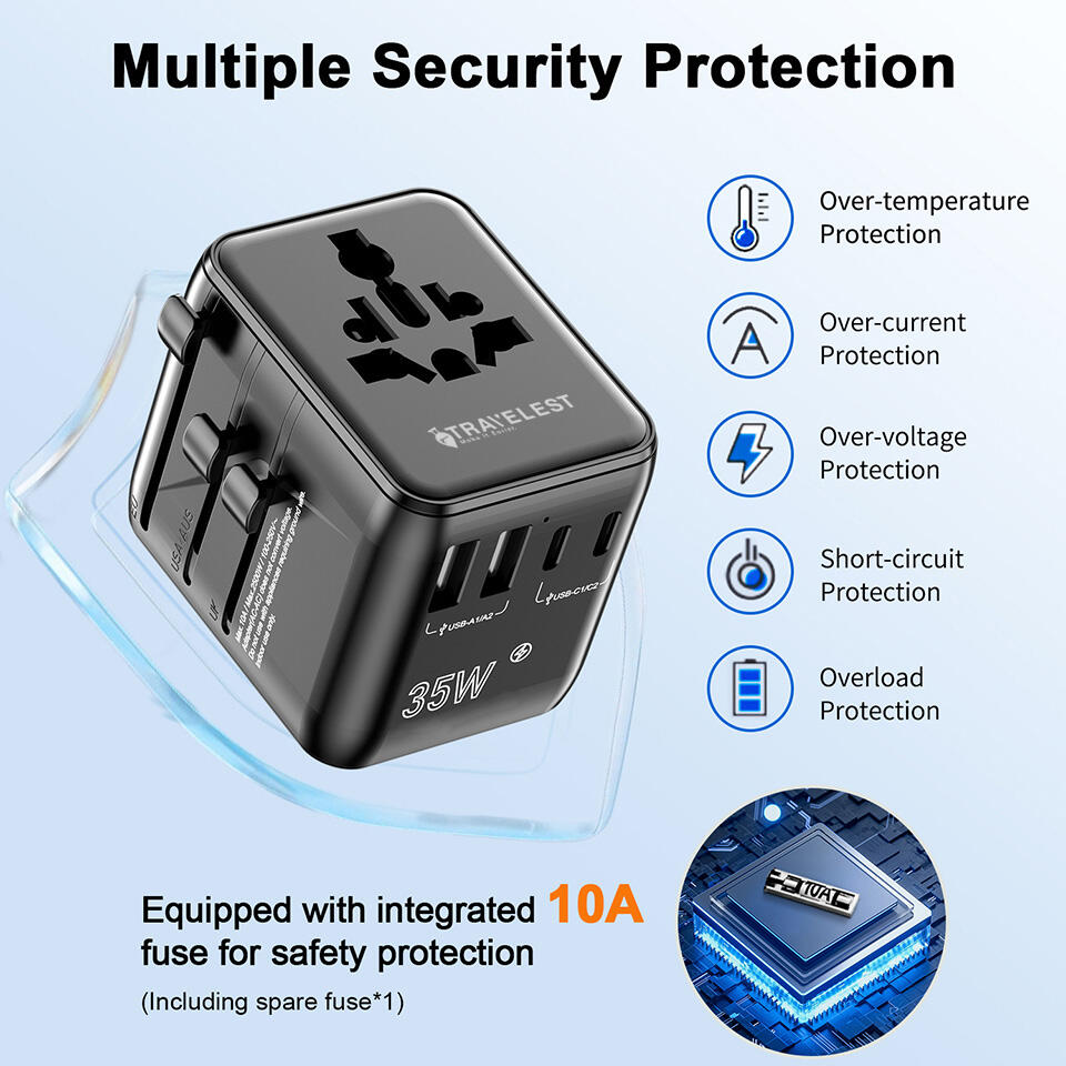 محول سفر عالمي 35W بتقنية GaN III – 5 منافذ (3 Type-C + 2 USB-A + 2 AC)