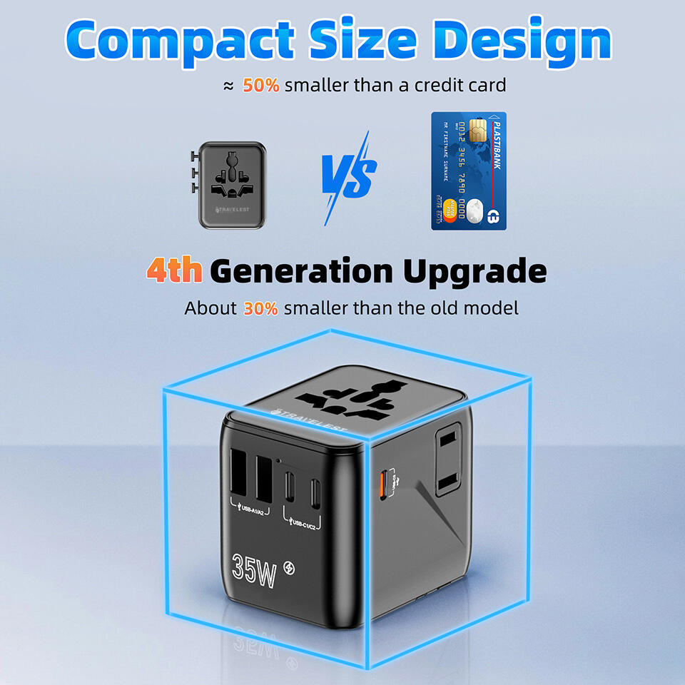 محول سفر عالمي 35W بتقنية GaN III – 5 منافذ (3 Type-C + 2 USB-A + 2 AC)