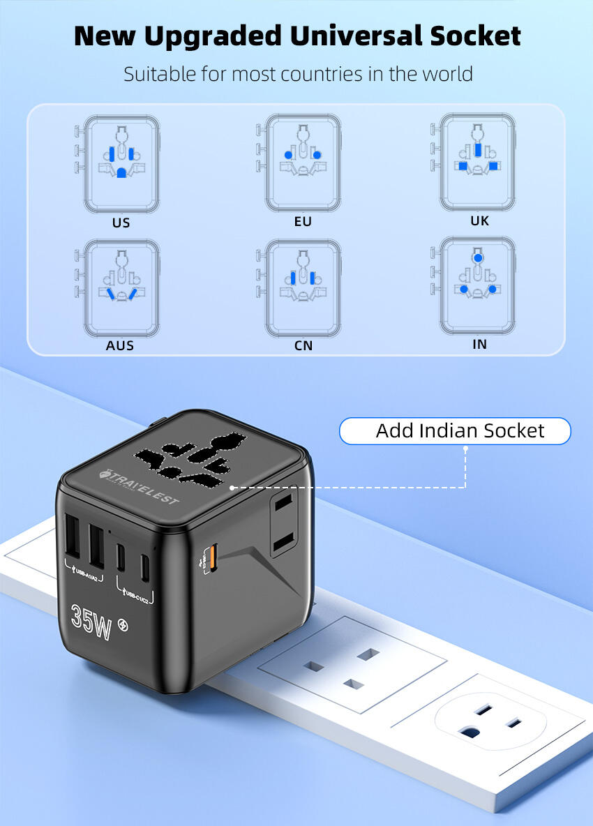 محول سفر عالمي 35W بتقنية GaN III – 5 منافذ (3 Type-C + 2 USB-A + 2 AC)