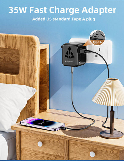 محول سفر عالمي 35W بتقنية GaN III – 5 منافذ (3 Type-C + 2 USB-A + 2 AC)