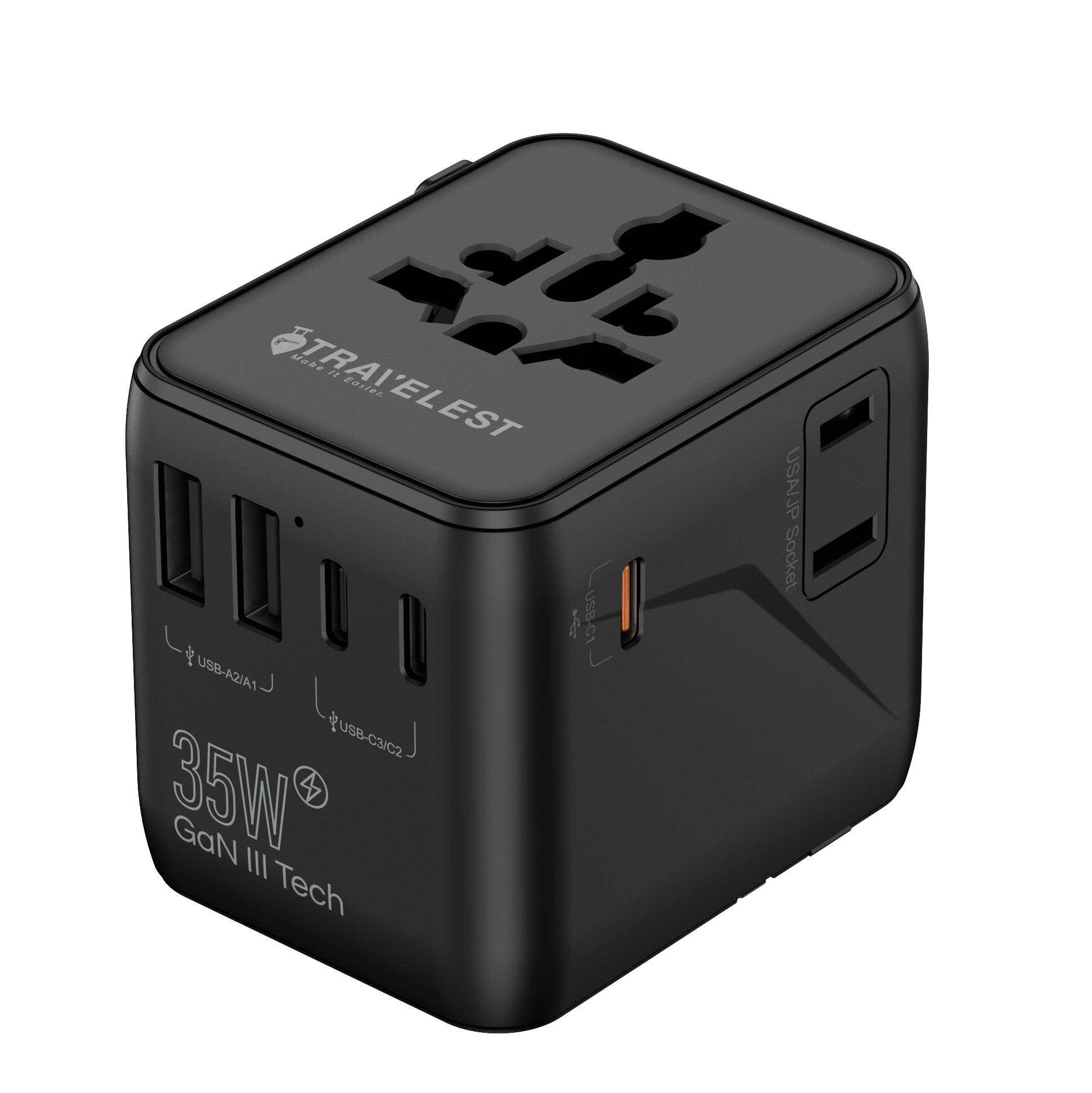 محول سفر عالمي 35W بتقنية GaN III – 5 منافذ (3 Type-C + 2 USB-A + 2 AC)