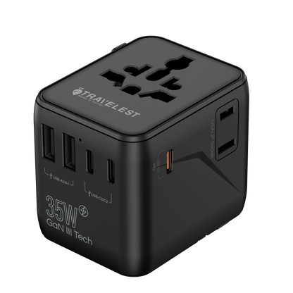 محول سفر عالمي 35W بتقنية GaN III – 5 منافذ (3 Type-C + 2 USB-A + 2 AC)