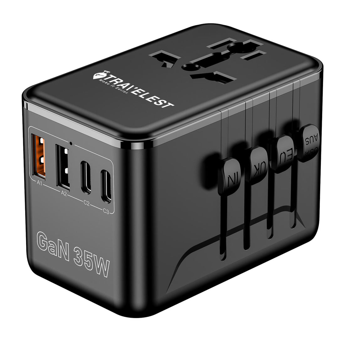 محول سفر عالمي GaN 35W – 3 Type-C + 2 USB-A مع خرج AC حتى 2500W