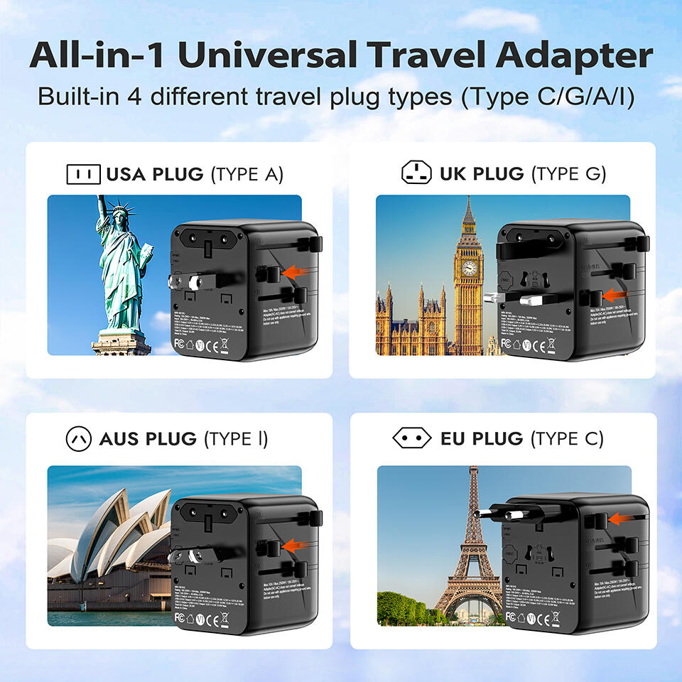 محول سفر عالمي 35W بتقنية GaN III – 5 منافذ (3 Type-C + 2 USB-A + 2 AC)