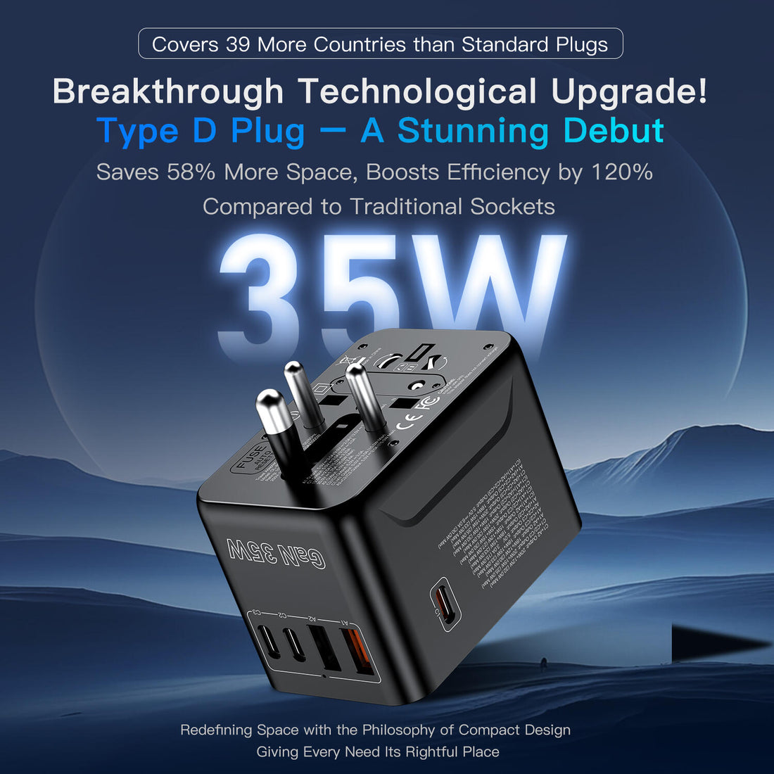 محول سفر عالمي GaN 35W – 3 Type-C + 2 USB-A مع خرج AC حتى 2500W