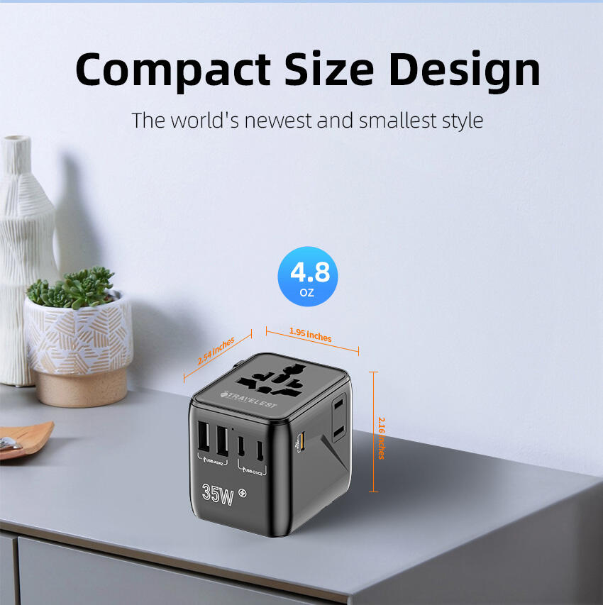 محول سفر عالمي 35W بتقنية GaN III – 5 منافذ (3 Type-C + 2 USB-A + 2 AC)