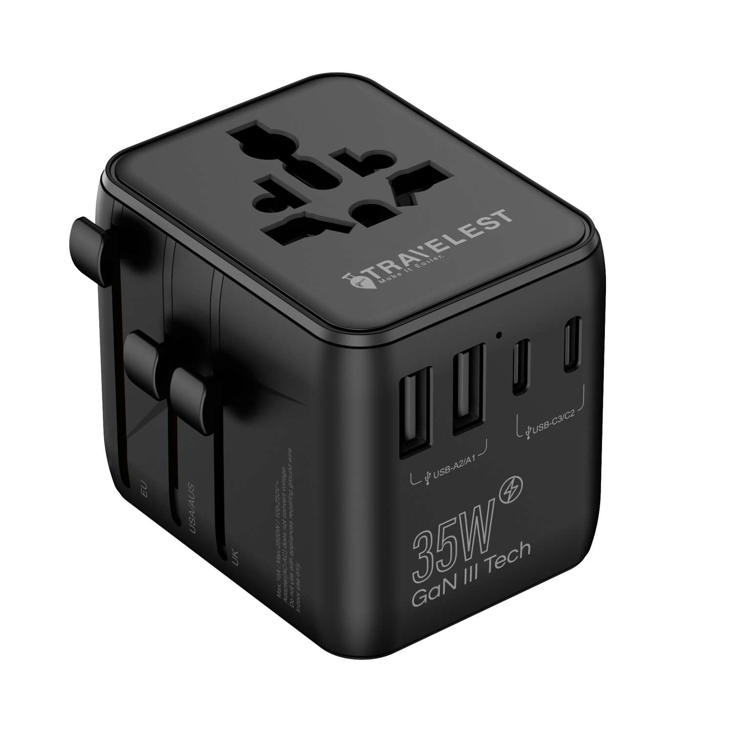 محول سفر عالمي 35W بتقنية GaN III – 5 منافذ (3 Type-C + 2 USB-A + 2 AC)