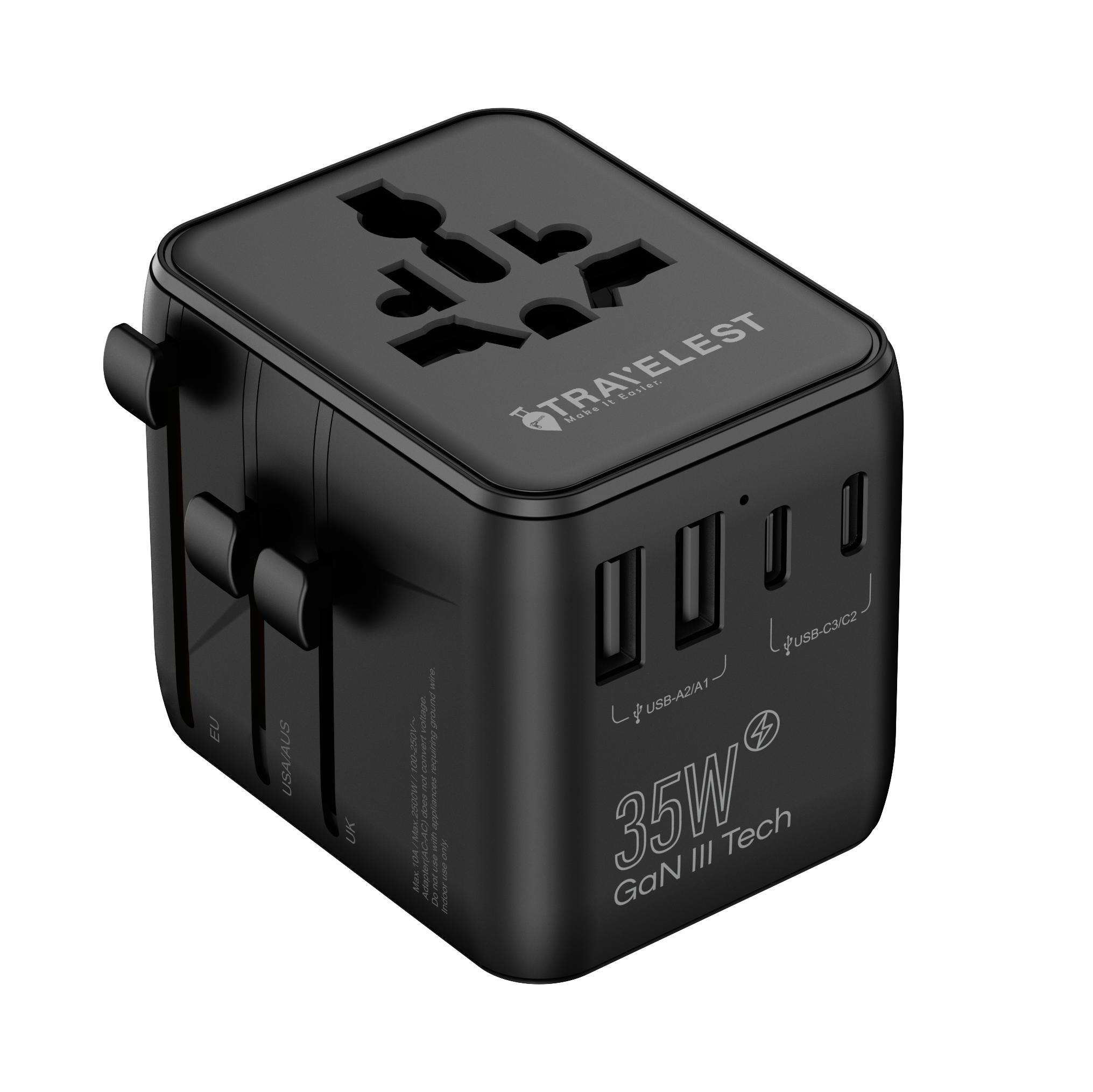 محول سفر عالمي 35W بتقنية GaN III – 5 منافذ (3 Type-C + 2 USB-A + 2 AC)
