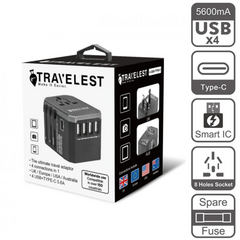 Travelest Travel Adapter With 4 Usb Ports & 1 Usb-C Port
